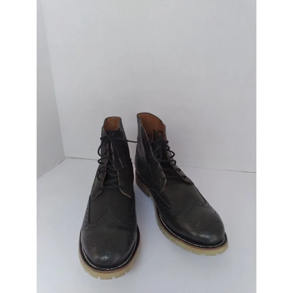 Classic Black Leather Wingtip Brogue Boot with Contrast Sole - Casual Dress Boot